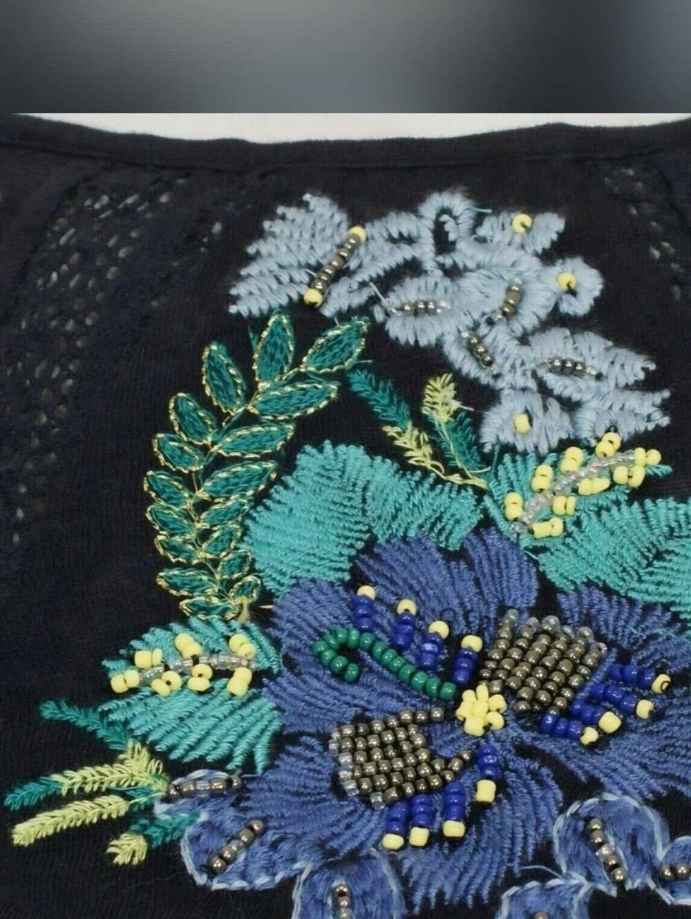 Free People Navy Blue  Cold-Shoulder Embroidered Top, Size S. - Picture 3 of 16